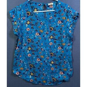 Lily White Womens Floral Short Sleeve Blouse Size Large Blue Top Semi Sheer EUC!